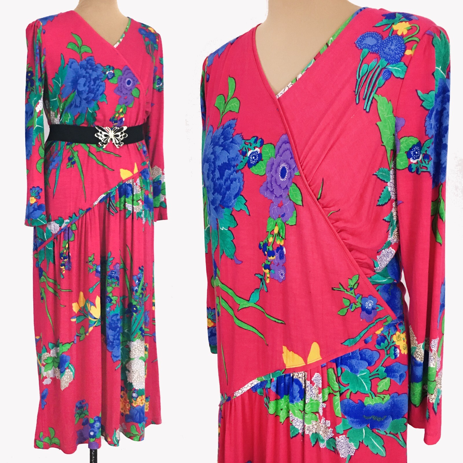 80s Women Medium Floral Art Deco Pink Maxi Dress Korean Fashion