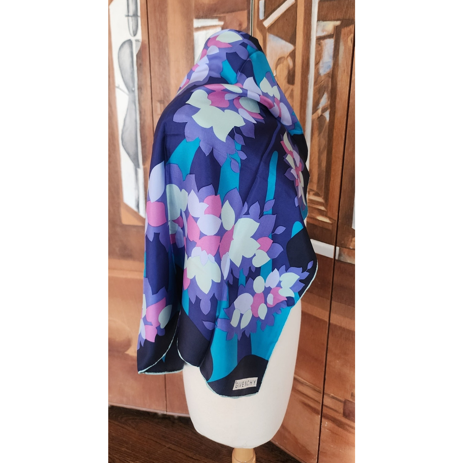 Vintage Givenchy 80s Silk Square Scarf Blue Purple Pink Floral Designer Scarf