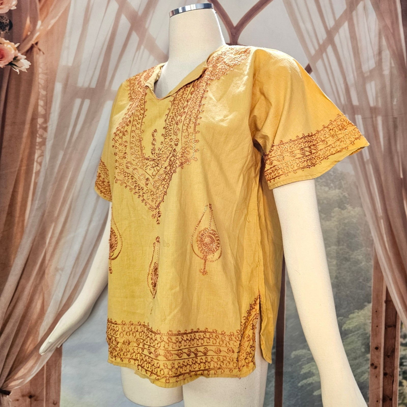 Vintage 1970s Blouse Top Shirt Mustard Yellow Embroidered India Short Sleeve
