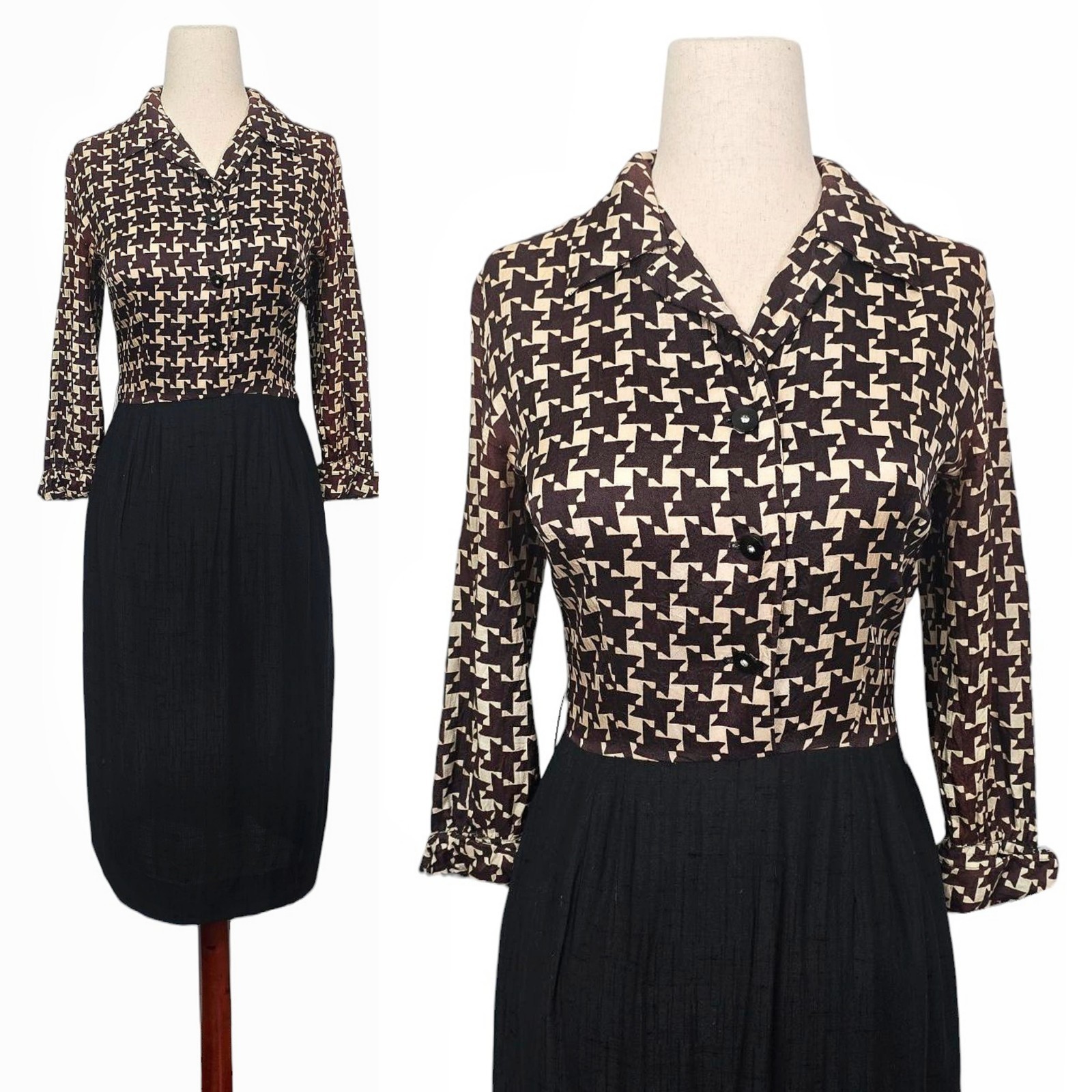 1950s Vintage Dress 50s Cocktail Wiggle Brown Cream Houndstooth Small Leslie Fay