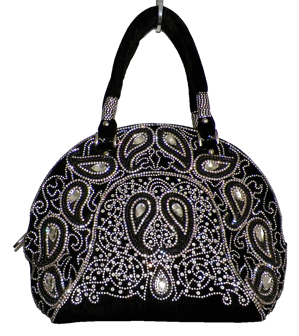Vintage Unbranded Black Velvet Clear & Black Rhinestone Covered Handbag