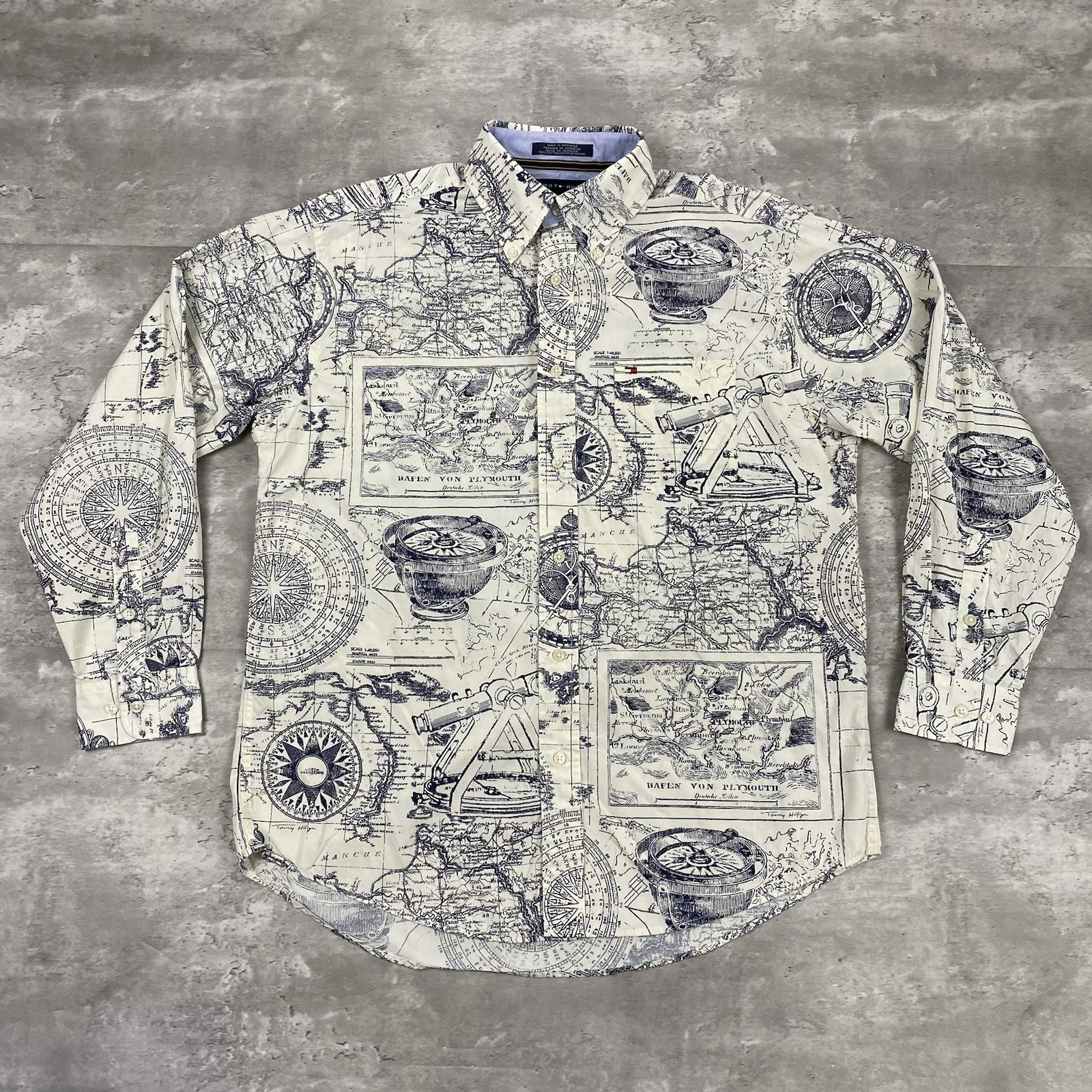 vintage TOMMY HILFIGER button down up shirt M nautical cartography print map y2k