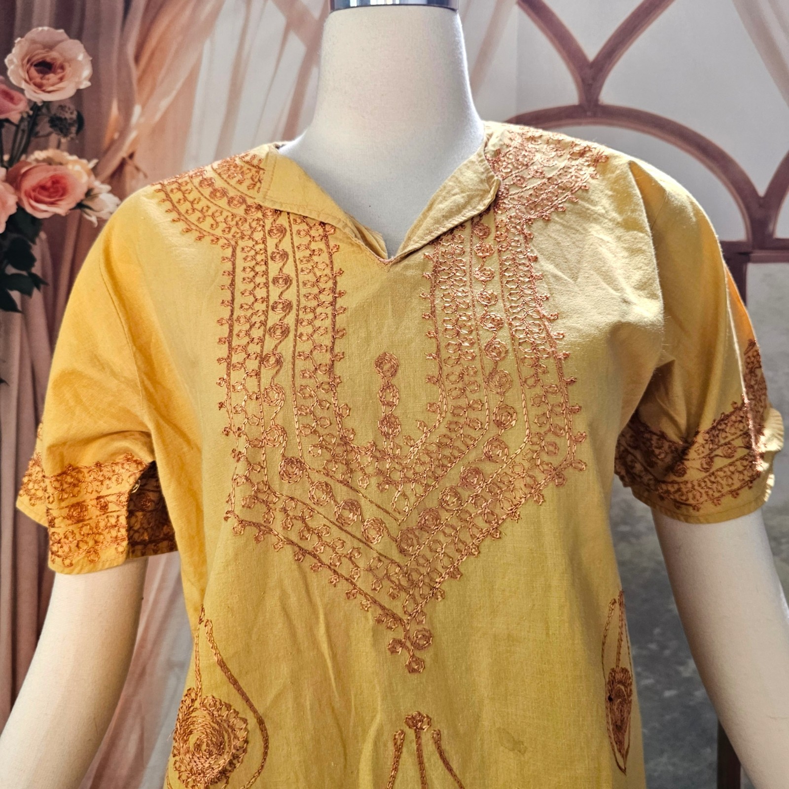 Vintage 1970s Blouse Top Shirt Mustard Yellow Embroidered India Short Sleeve