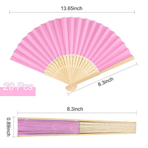20 Pieces Handheld Pink Paper Fan Paper Folding Fans with Bamboos for Wedding