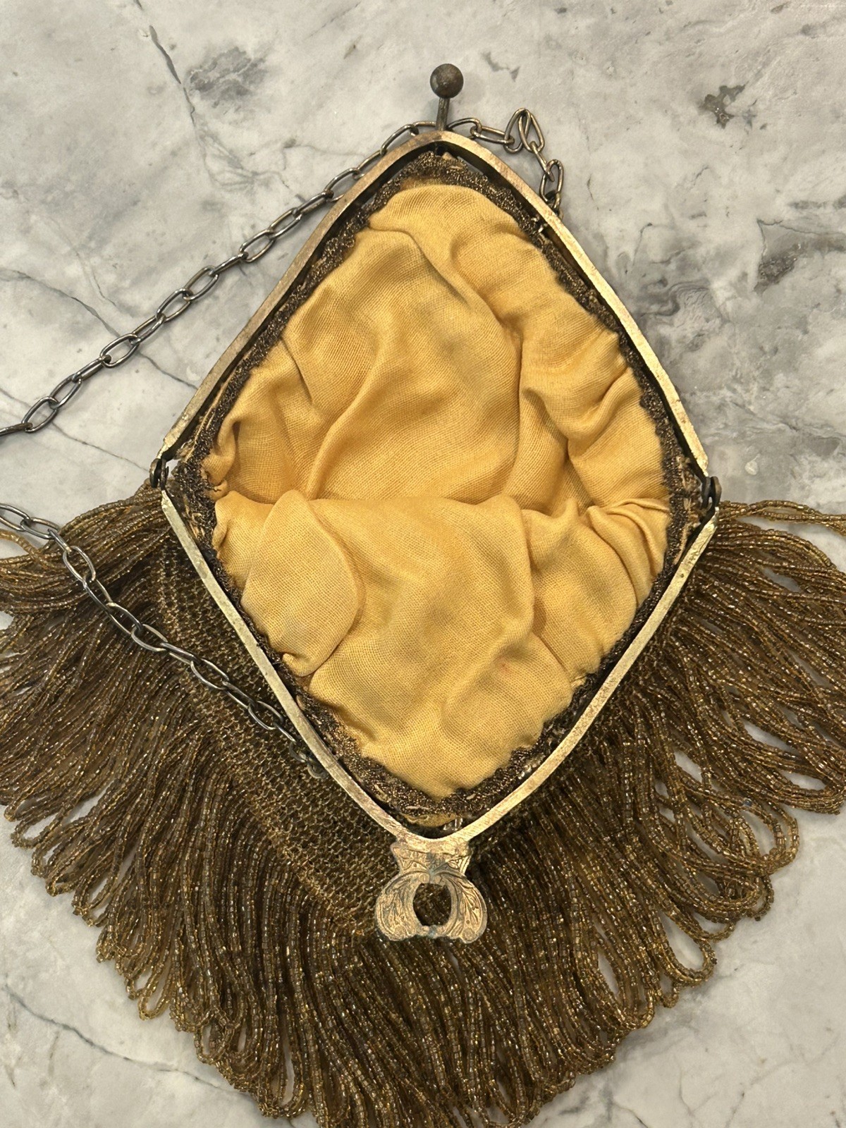 Antique Art Deco Gold Filigree Frame Amber Bead Fringe Silk Lined Flapper Purse