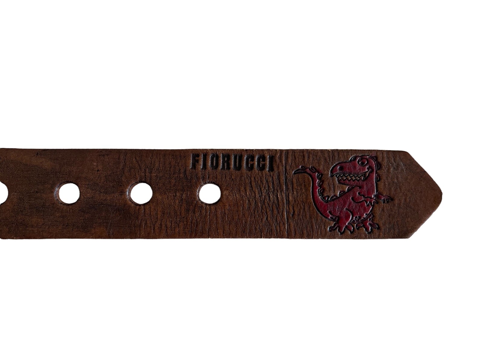 Fiorucci Vintage Kids Brown Leather Red T-Rex Engraved Logo Belt Size M 24-30