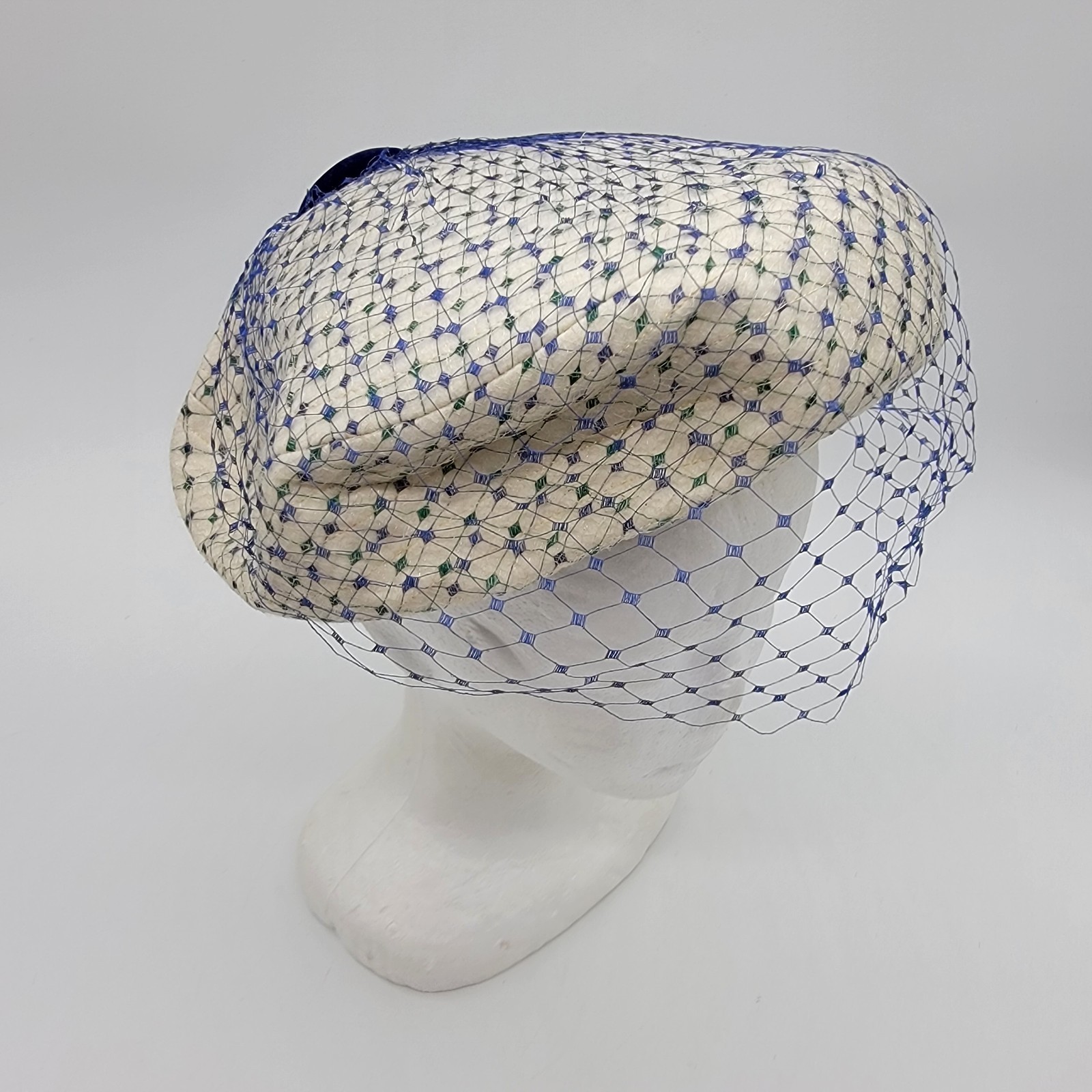 Chanda Hat For Montaldos 50/60’s Fancy Hat With Mesh Face Cover Blue Ivory