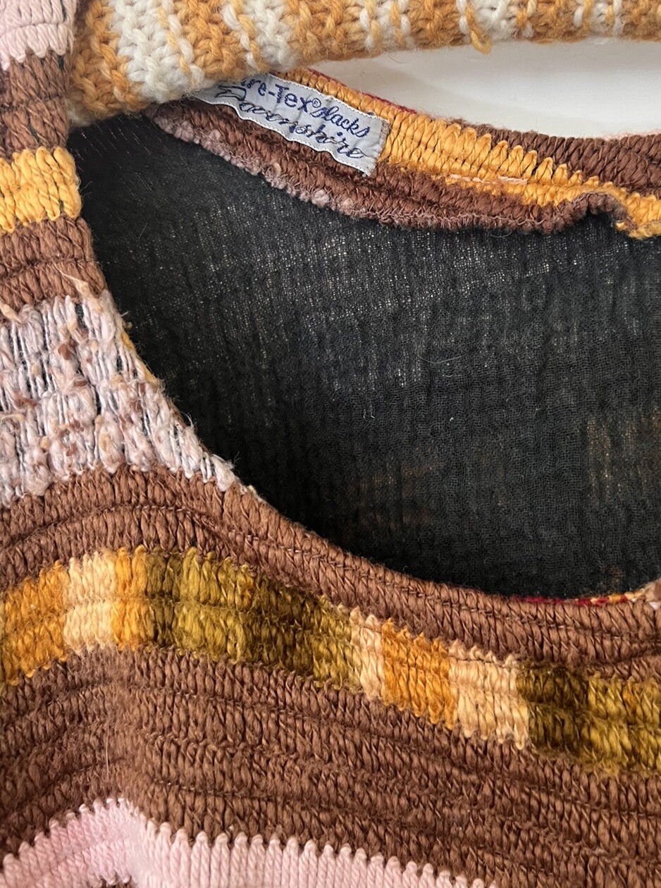 Vtg 60s 70s Unique Boho Multi Fabric Textile Fiber Art Knit Poncho Sweater S M L