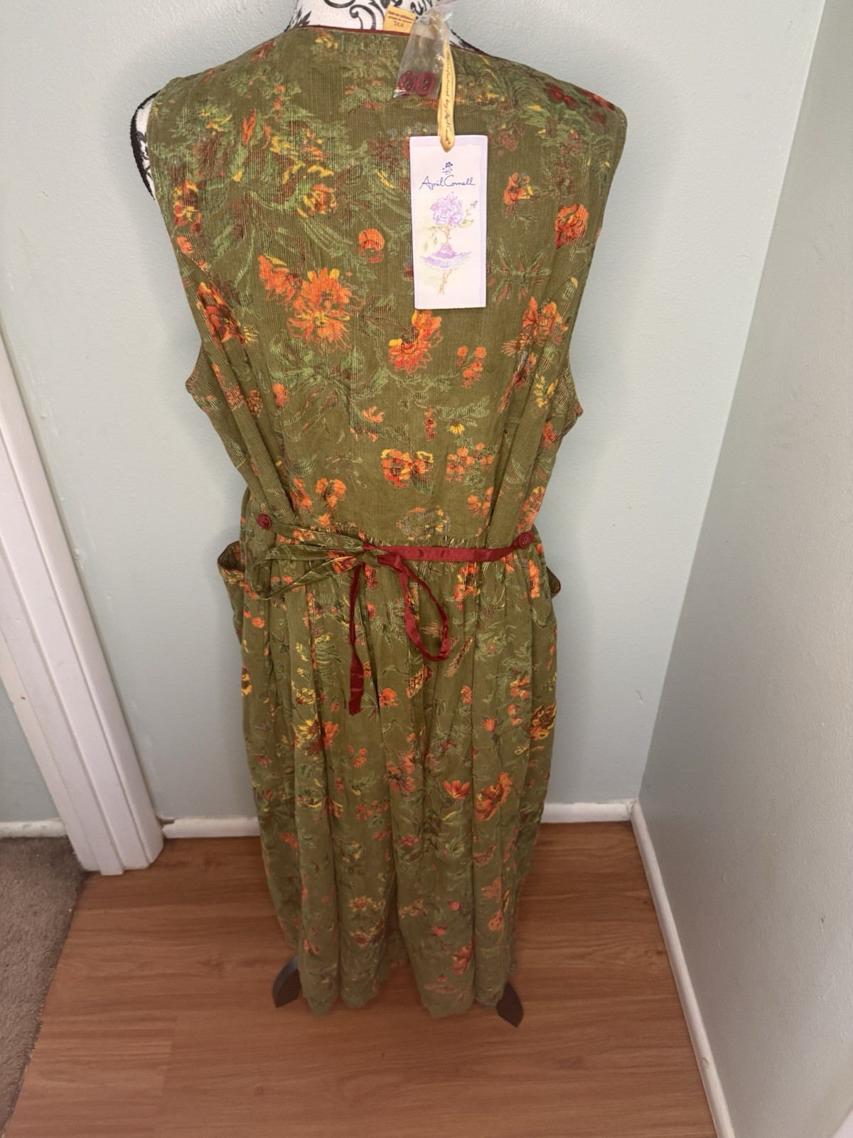 April Cornell Vintage Green Corduroy Dress XXL Sleeveless Button Front Pockets