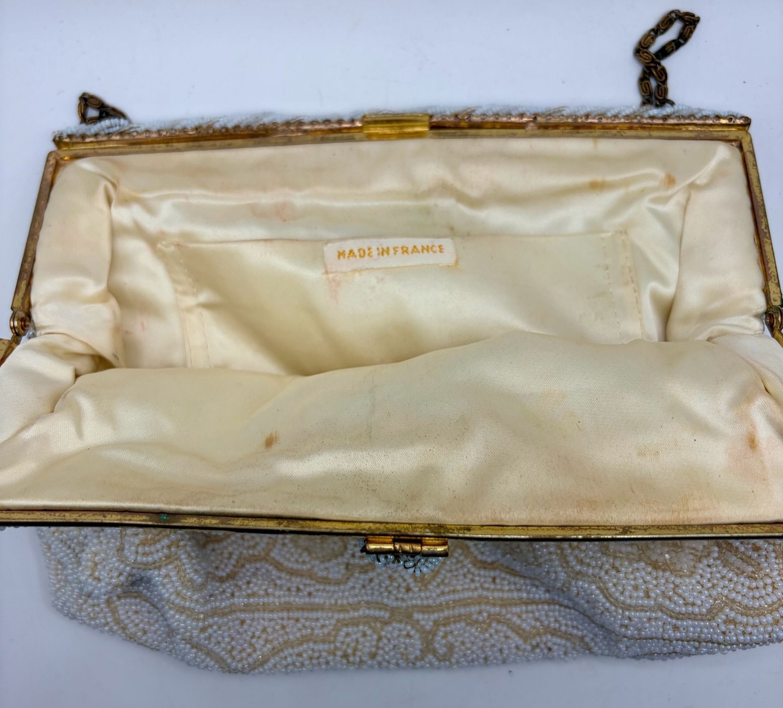Vintage Mid-Century White Evening Bag Hand-Beaded in France with Gold-Tone Frame