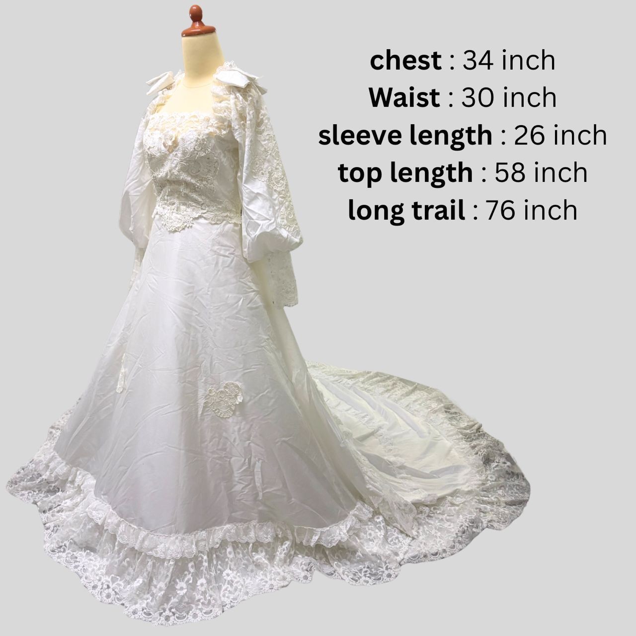Wedding 70s 80s Dress Bridal GownWhite Garden ribbon Long Sleeves Train Vintage