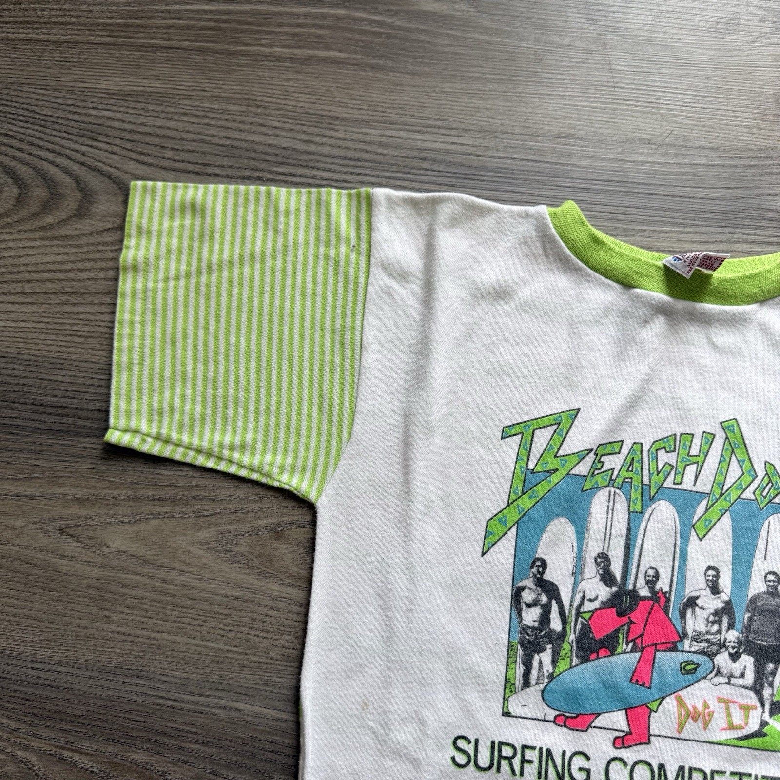 VTG 80s Beach Dog Surfing Competition Striped T-Shirt Size Youth XL USA