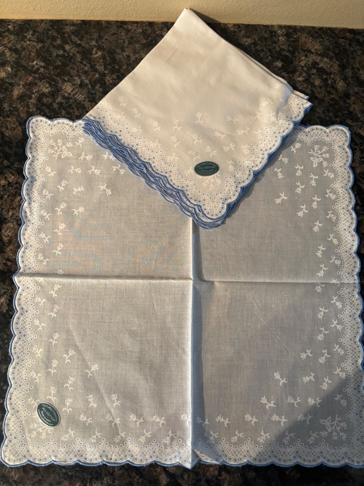 Lot of 4 LuRay Handkerchief White/Blue Dotted Scalloped Edge New With Tag