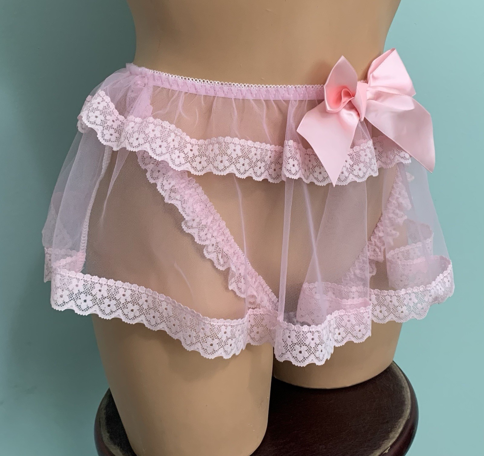 NEW SHEER Frilly Chiffon Panties Crotchless Bikini Panty XL Large Satin Bow