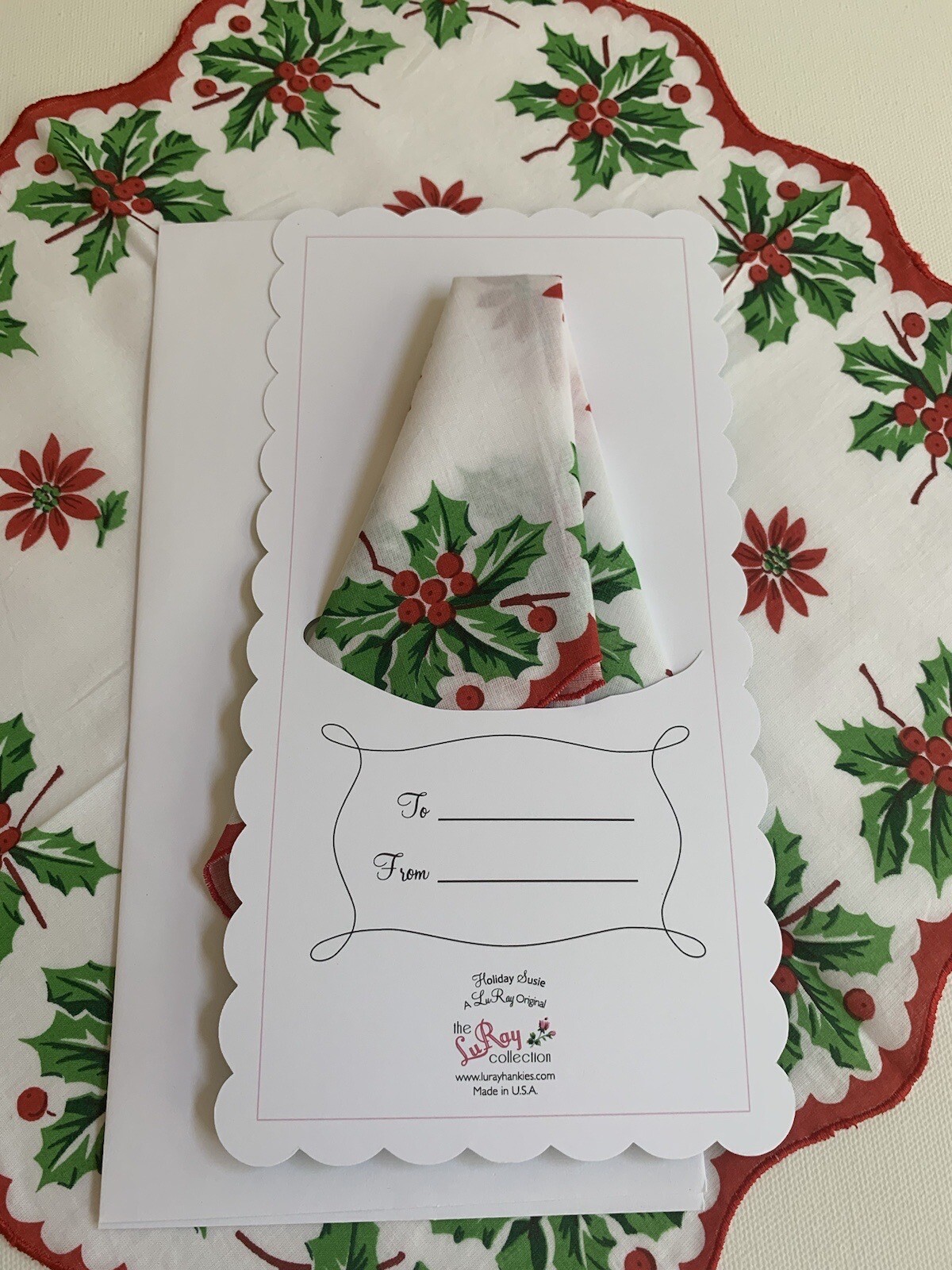 Darling New LuRay “HOLIDAY SUSIE ” Hankie Card ~ Mailable Handkerchief Keepsake!