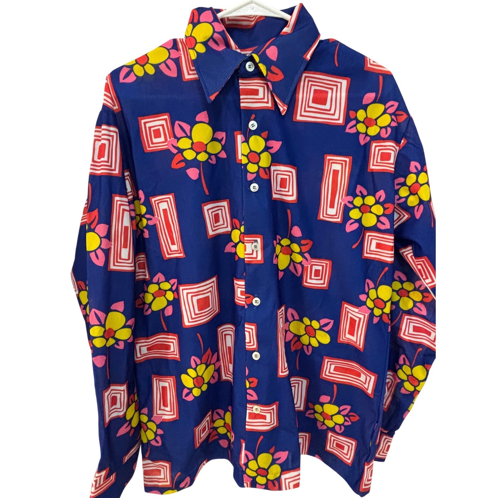 Vintage Fruit of the Loom Gold Tassel Knits 70s Disco Shirt Blue Floral Large