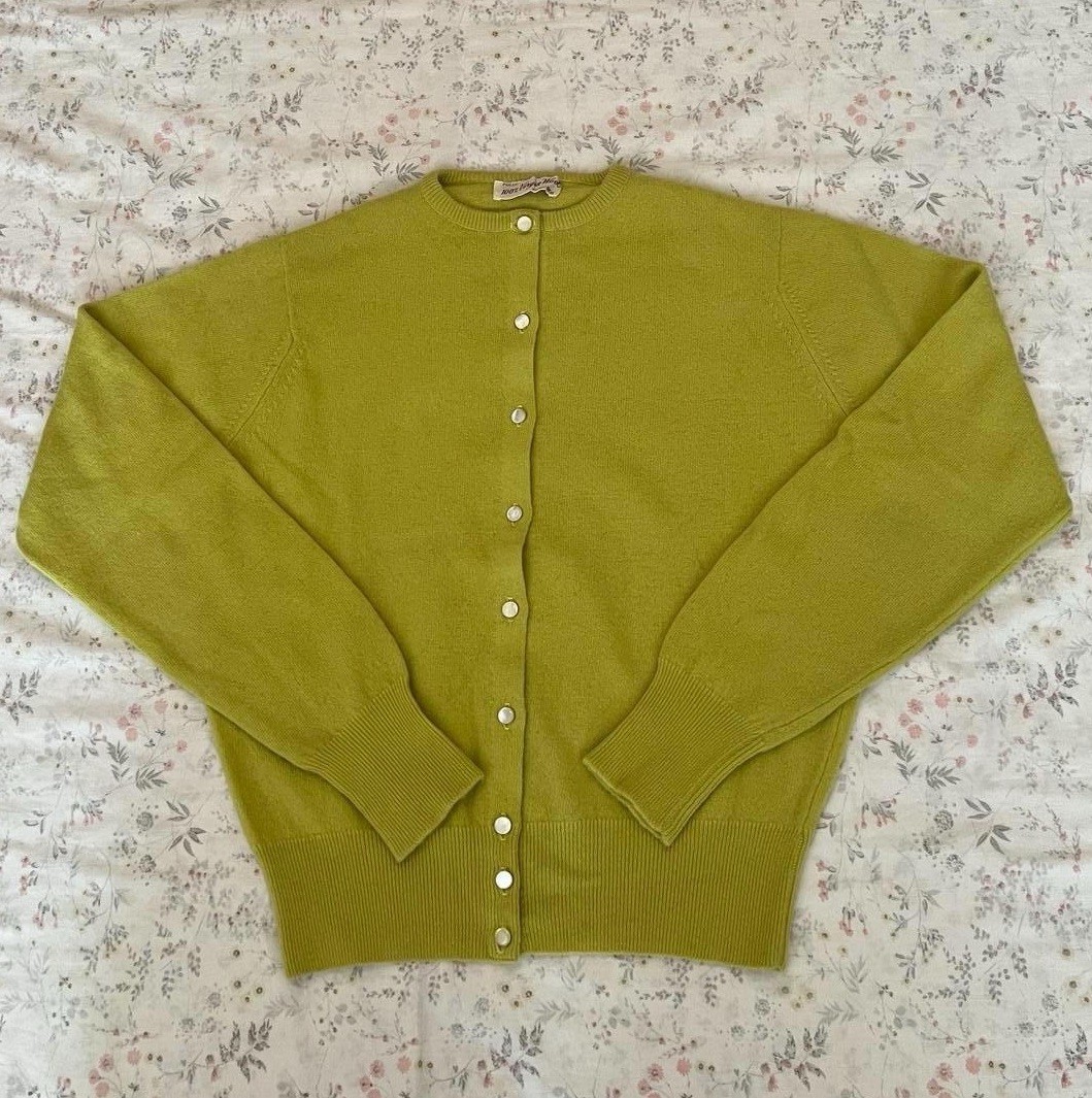 Vintage 50s 60s Wool Cardigan Chartreuse Green Mother of Pearl Buttons M/L Knit