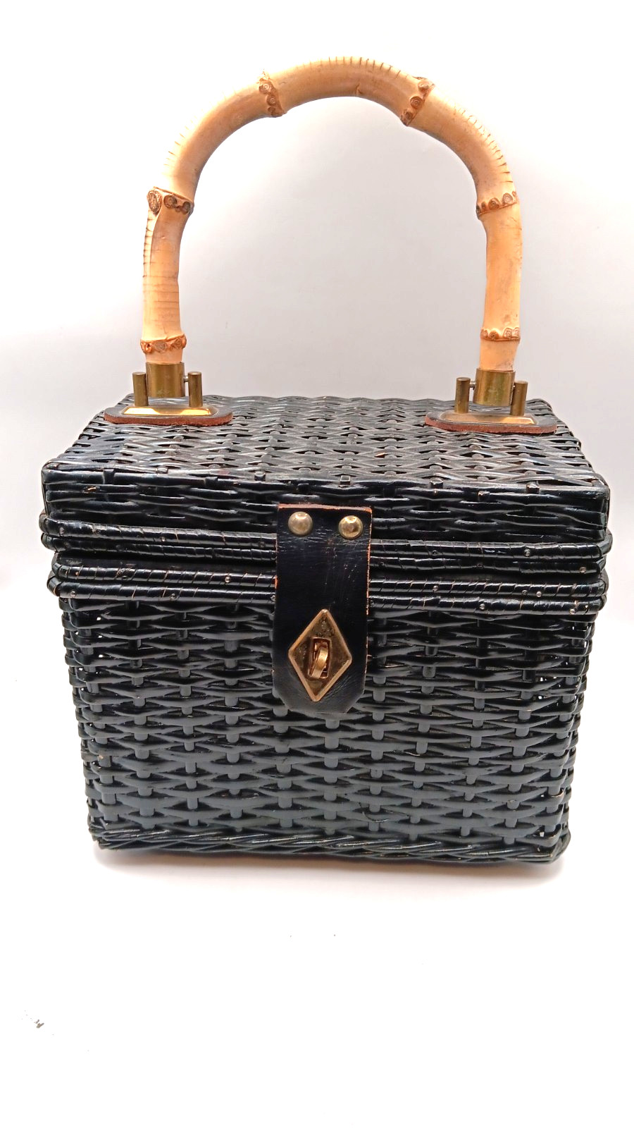 Vintage Purse Handbag Bamboo Handle Black Wicker Hand Made Japan