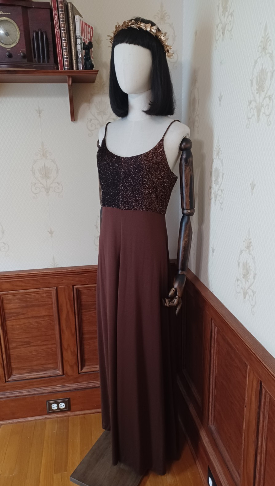 Vintage 1960s/1970s Brown Metallic Gold Bohemian Disco Maxi Evening Dress