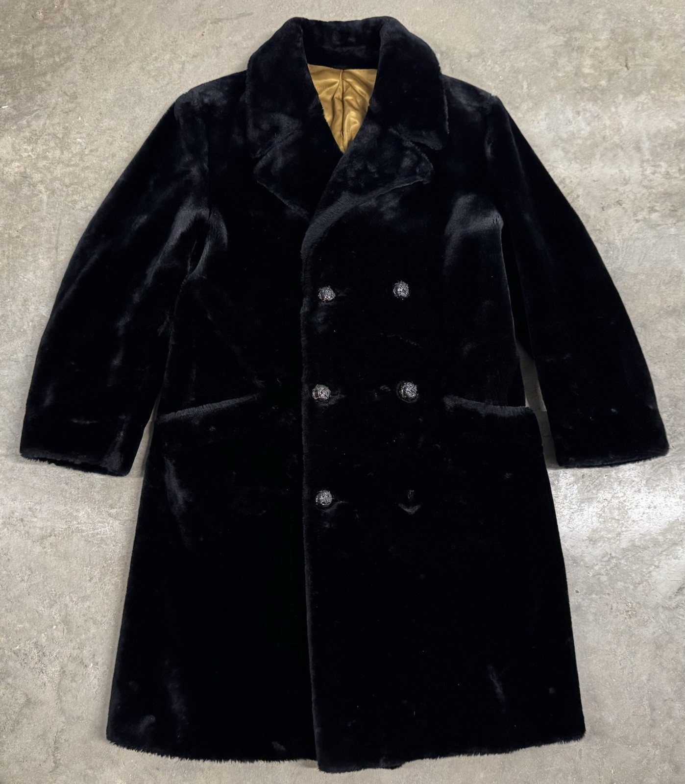 Vintage 60s 1970s Faux Fur Overcoat Men’s 38 Double Breasted Black Fuzzy Jacket