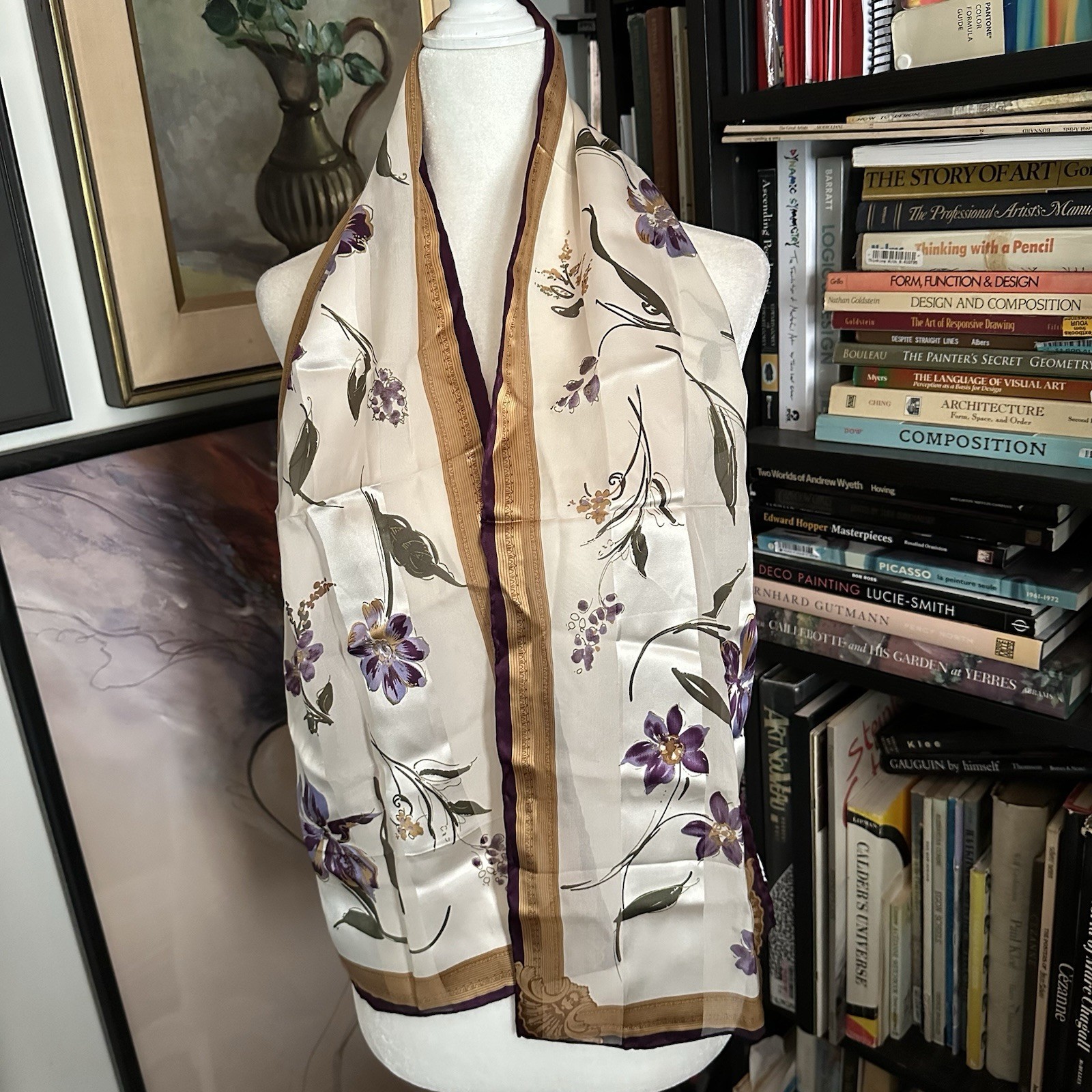 The Specialty House Silk Oblong Scarf Violets w/Purple & Tan Border 11″ x 52″