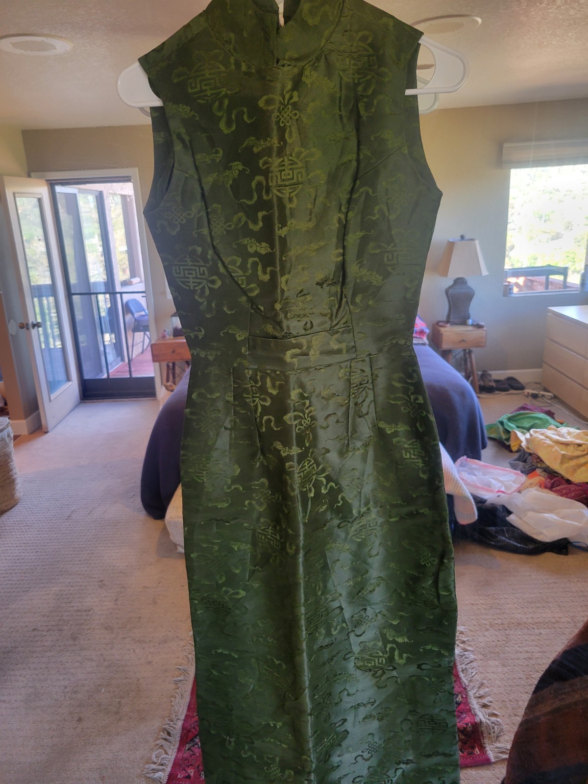1960s 1970s MOSS GREEN ASIAN WIGGLE HOSTESS DRESS XS GLAM EVENING VINTAGE