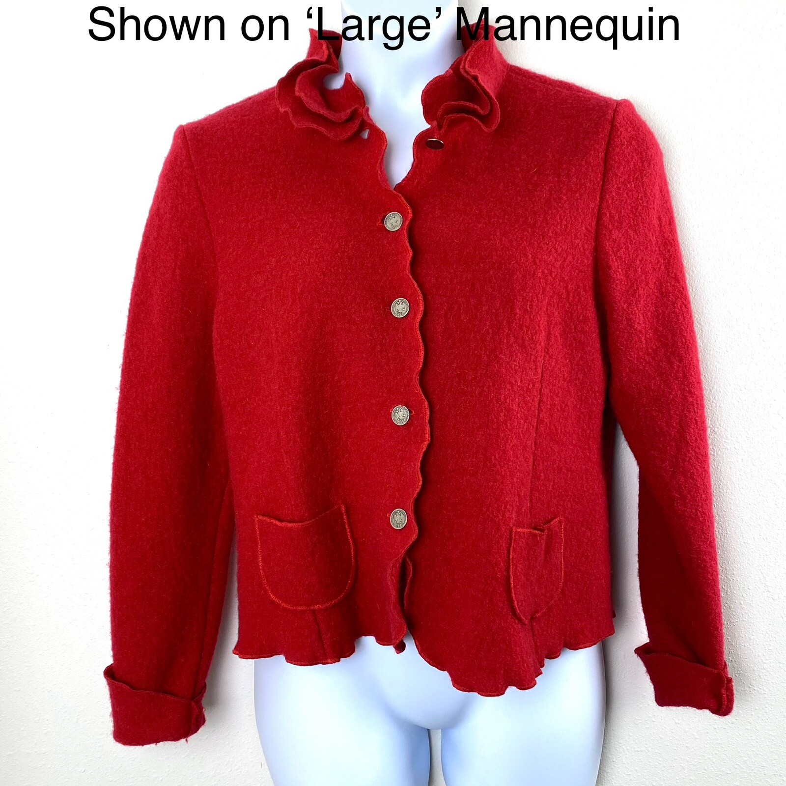 Vintage Jungmayer Womens Red 100% Wool Jacket Medium? Ruffle Collar Coin Buttons