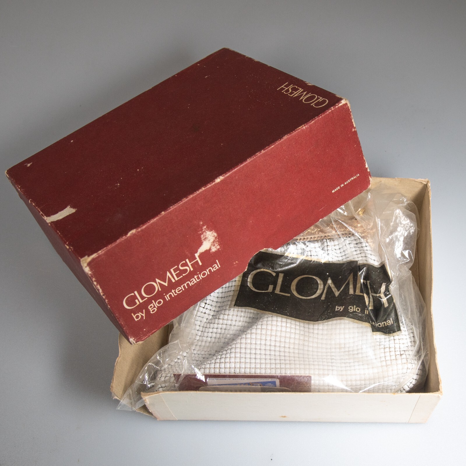 Vintage GLOMESH white and gold small evening bag – in original box