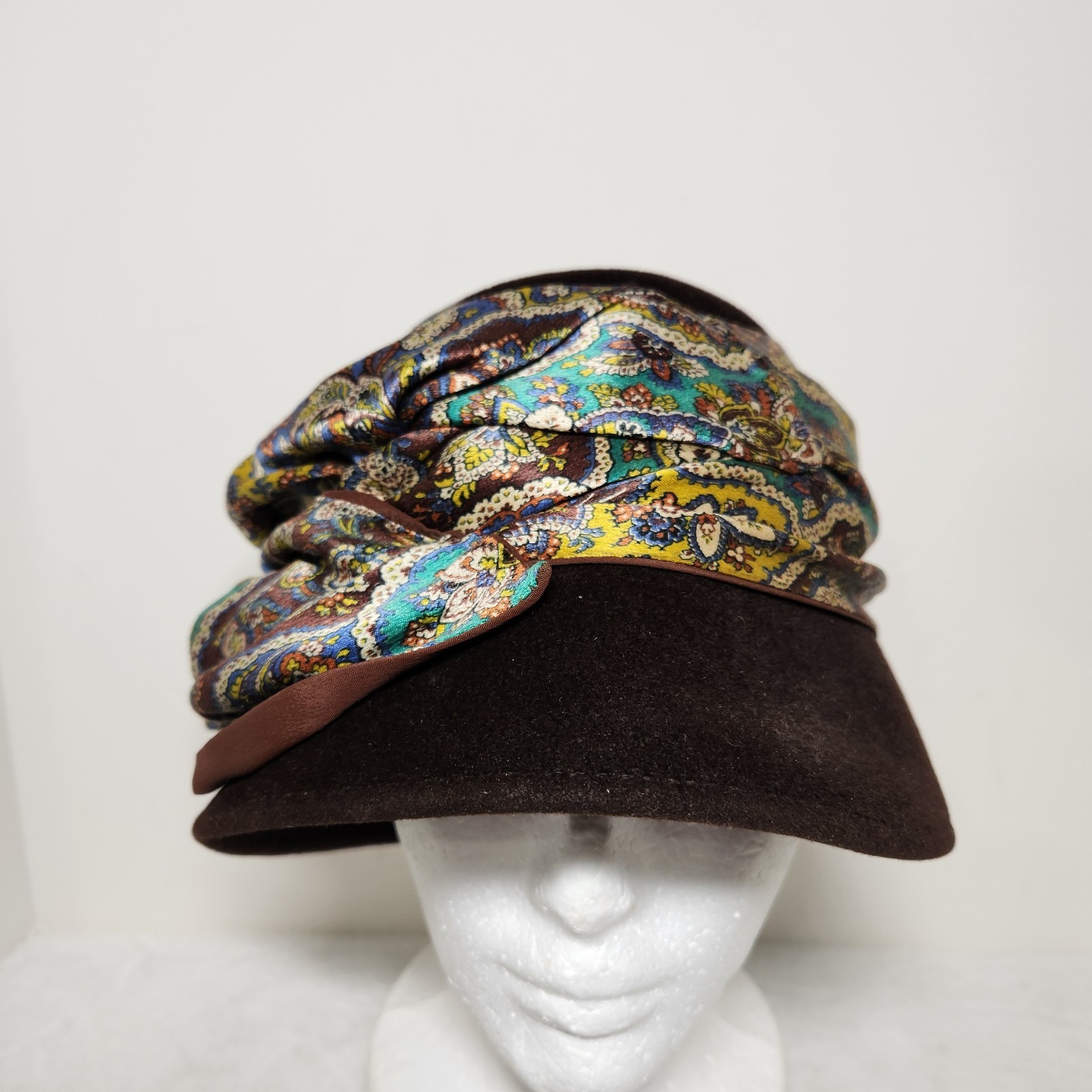 Vtg 1960s Originals by Mr. M Velour Cloche Hat Brown With Paisley Silk Wrap