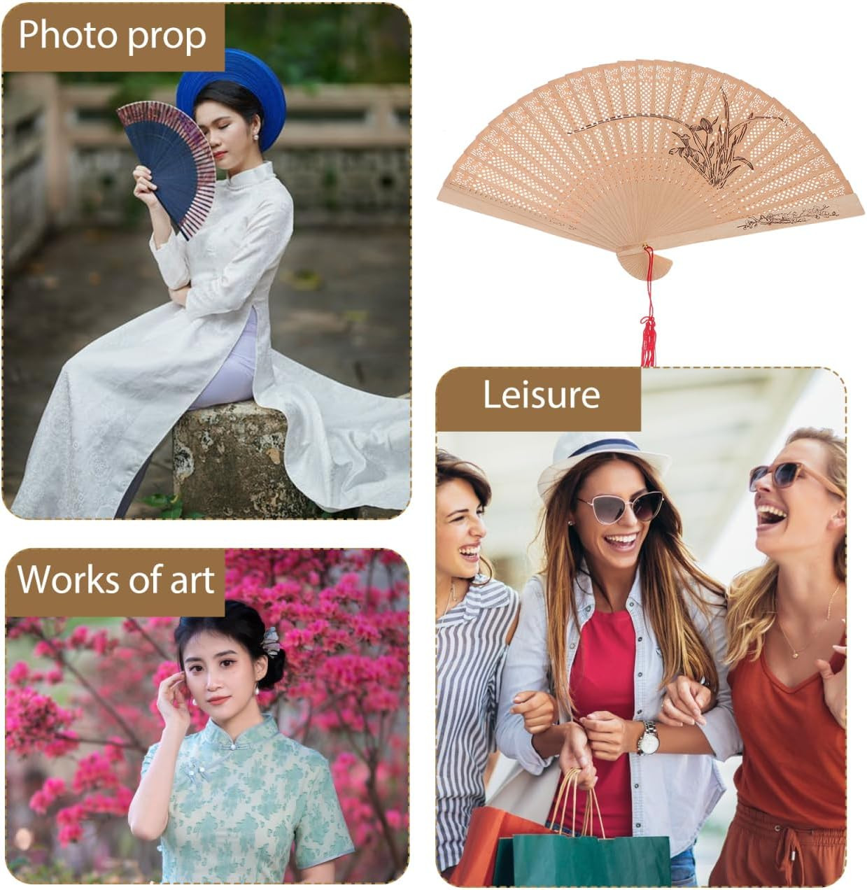 Sandalwood Folding Fan 9.25 Inch Lightweight Handheld Wooden Fan with Hollow Car