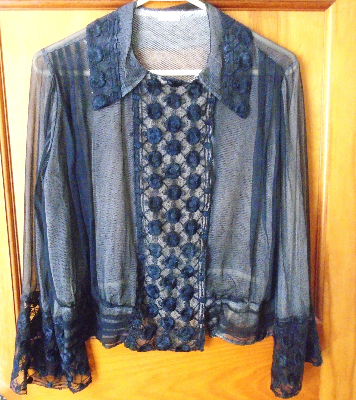 ANTIQUE 1910’s 20’s EDWARDIAN BLACK SHEER MESH BLOUSE LINED SOUTACH TRIM Sz S-M