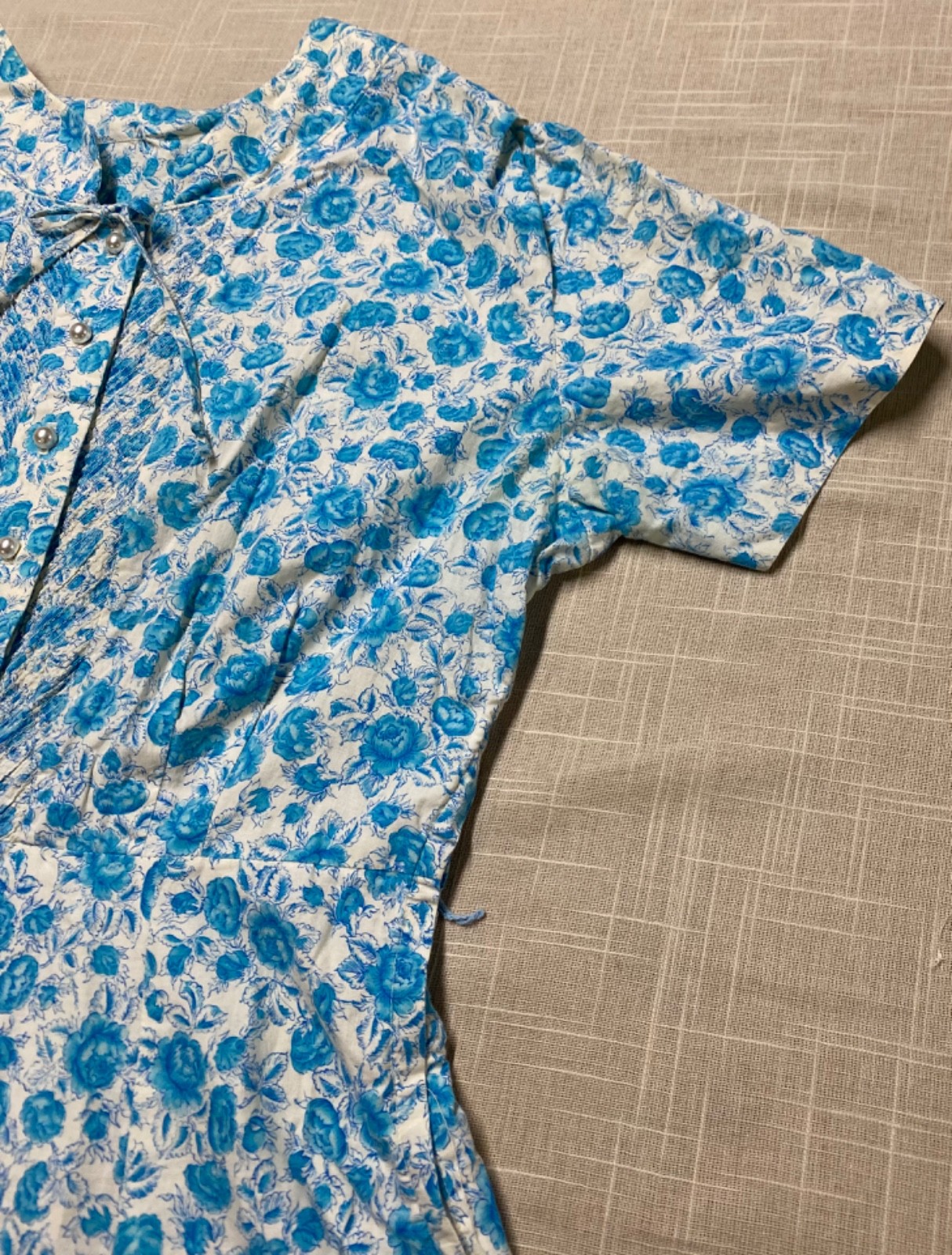 Vintage Dress 1950s Shirtwaist Sundress Blue Floral Cotton A-Line Button Up