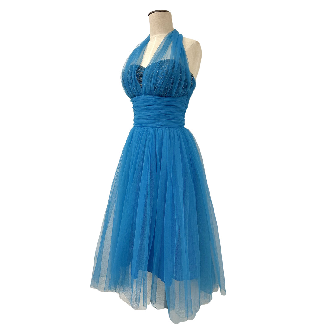 Vintage 1950s Blue Sequin Halter Tulle Cupcake Party Dress