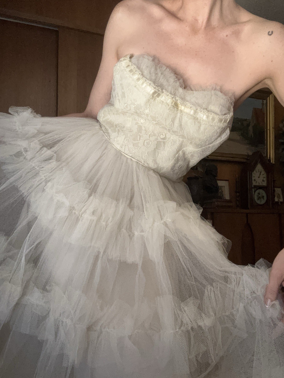 Vtg 50s Tulle Shelf Bust Strapless Wedding Gown Cupcake Prom Dress Cream XS/S