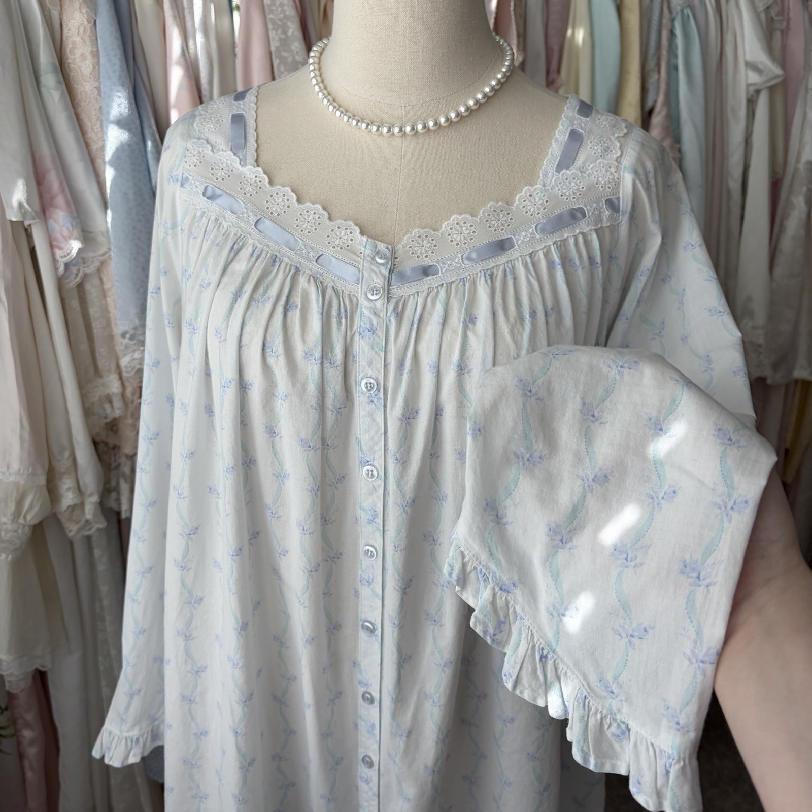 vintage y2k eileen west blue ribbon floral cotton nightgown pockets