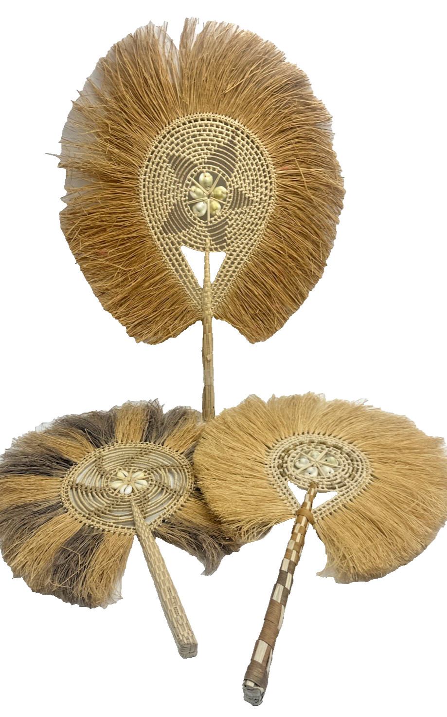 Vintage Marshall Islands Fixed Hand Fan Shells Woven Palm Fronds Lot of 3