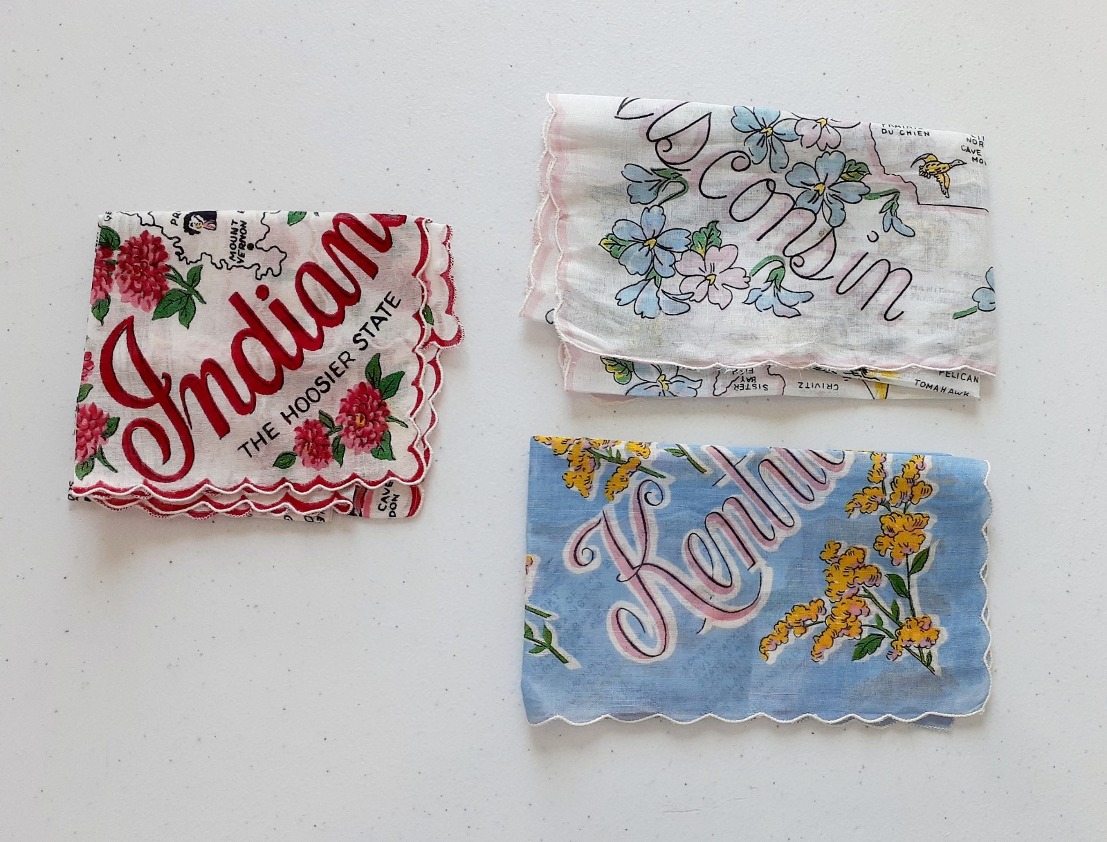 Lot Of 3 Vintage Scalloped Edge Souvenir Hankies-Wisconsin, Indiana, Kentucky
