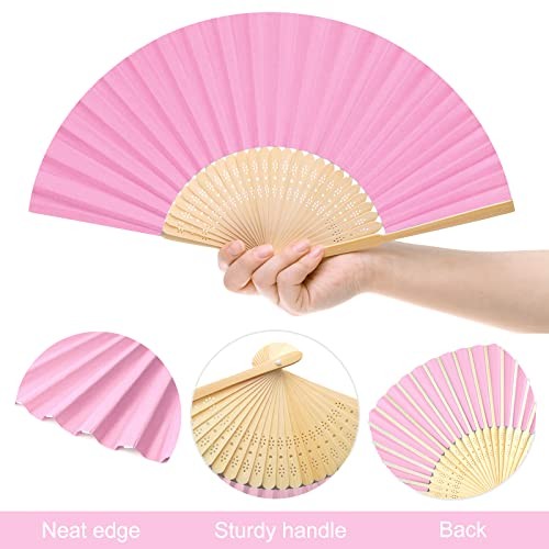20 Pieces Handheld Pink Paper Fan Paper Folding Fans with Bamboos for Wedding