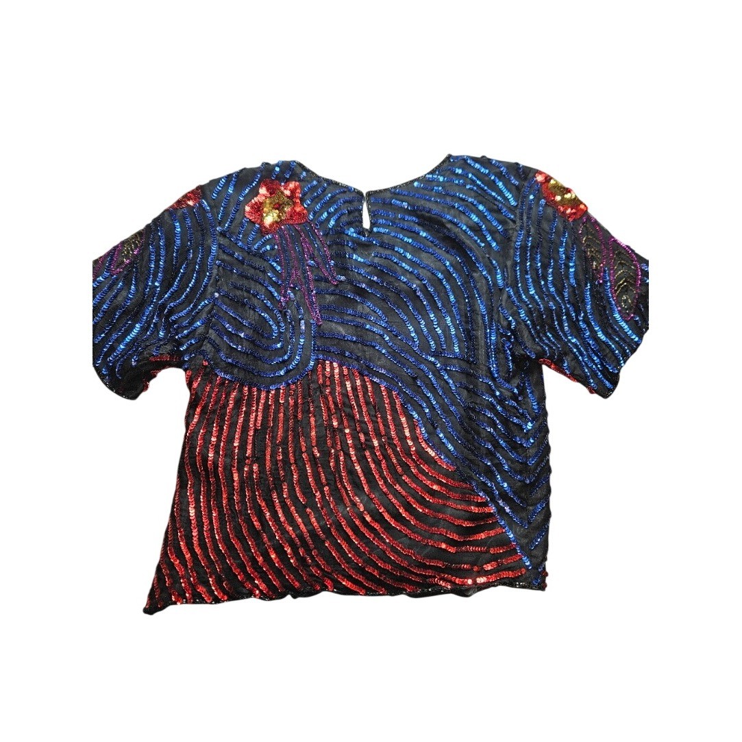 Vintage Exclusive by Jemsons Silk Sequin Beaded Blouse Floral Top Medium