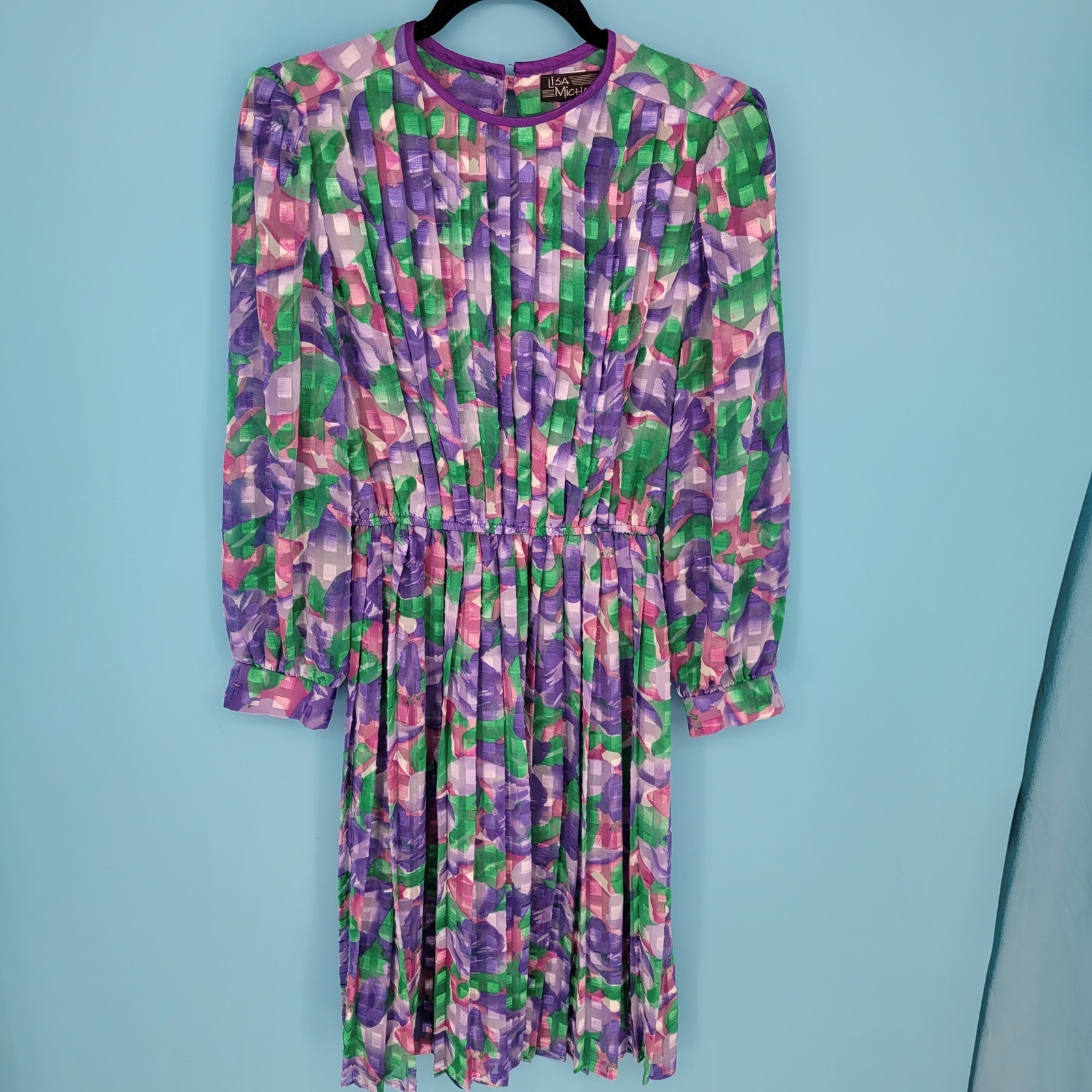Vintage 80s Lisa Michaels Accordion Pleat Chiffon Midi Dress Abstract sheer sz 8