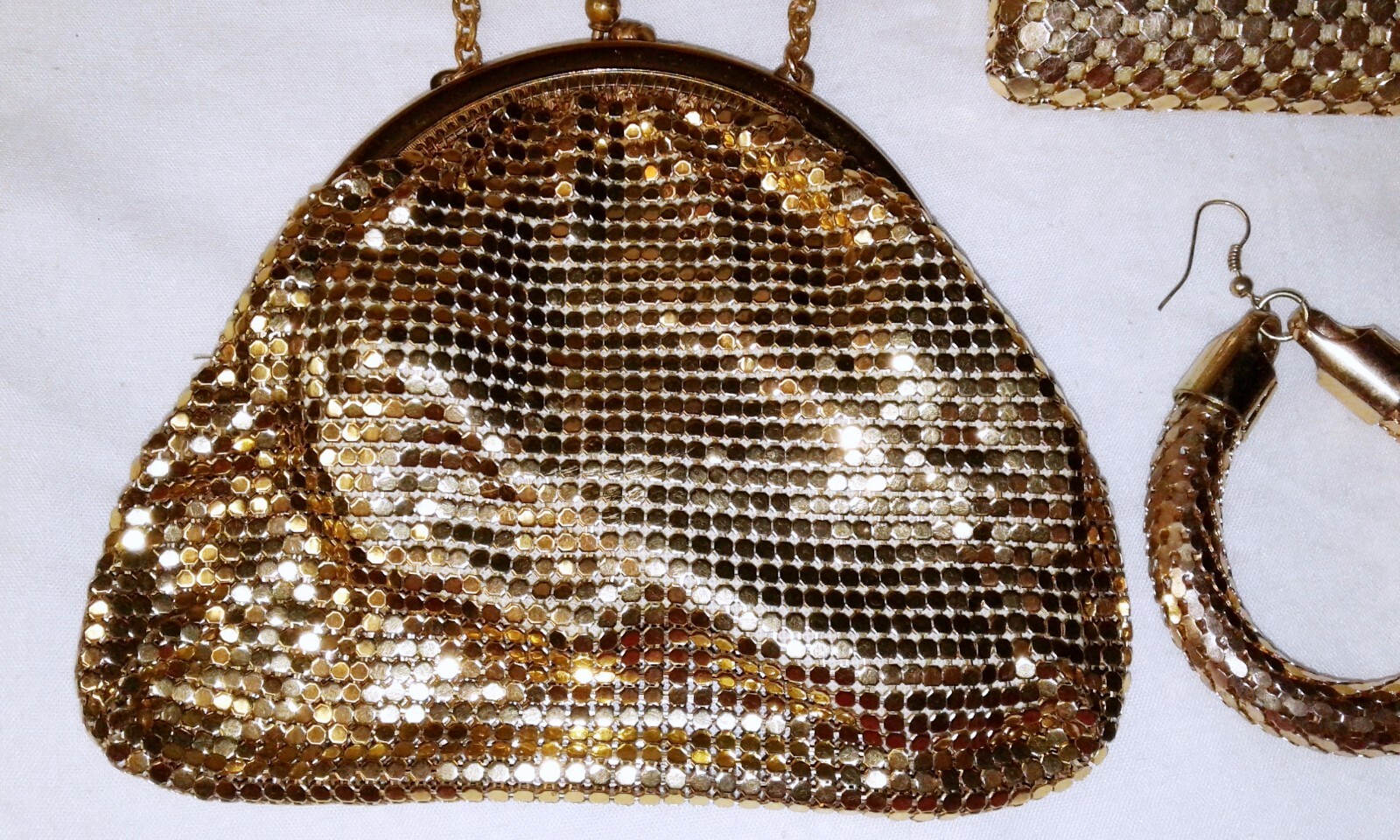 Vintage Gold Plated Mesh Lot Wristlet Bag Purse Wallet Hoop Earrings Glomesh