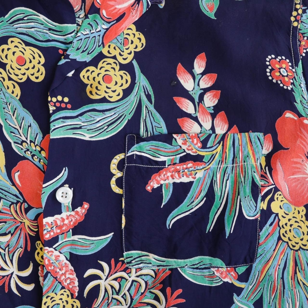 Vintage 40s 50s Rayon Hawaiian Shirt Navy Floral Made in Hawaii Coconut Era S/M