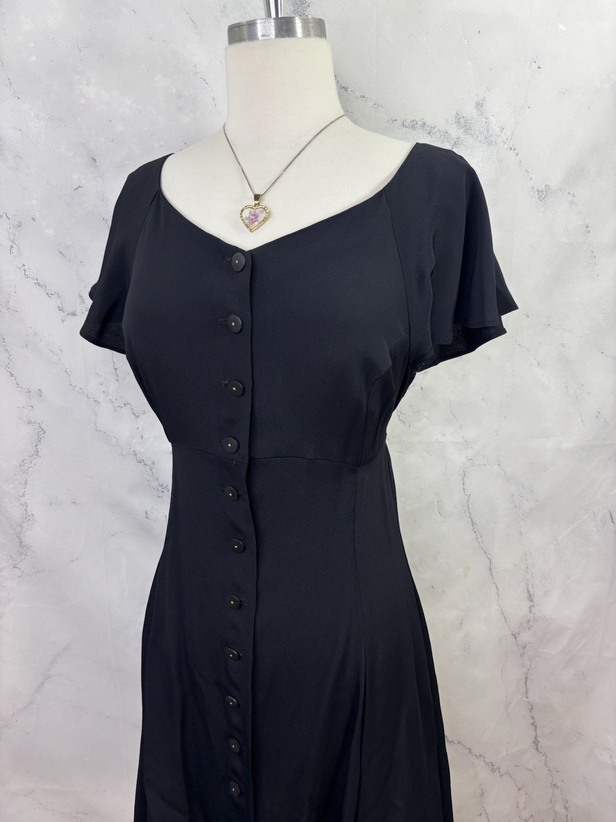 Betsey Johnson 90s USA Dress Sz M Fit Flare Black Punk Goth Emo Button Witchy