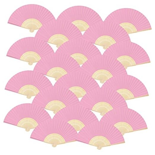 20 Pieces Handheld Pink Paper Fan Paper Folding Fans with Bamboos for Wedding