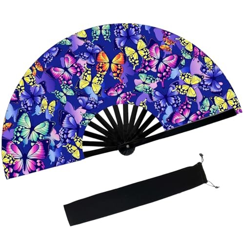 Large Folding Hand Rave Fan,Clack Handheld with Fan Bag,for Line Butterfly