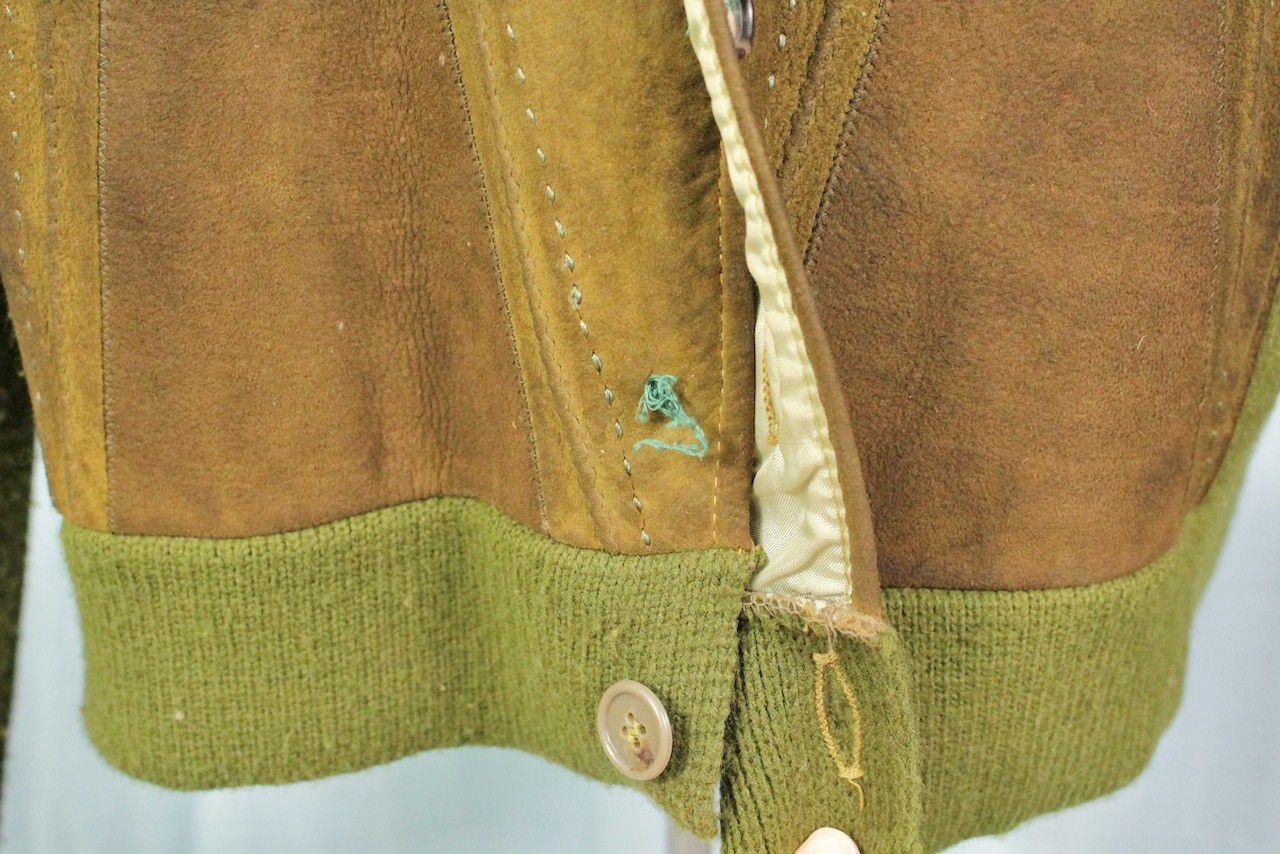 VTG Men’s 50s 60s Green & Brown Acrylic & Suede Cardigan Sz L 1950s1960s Sweater
