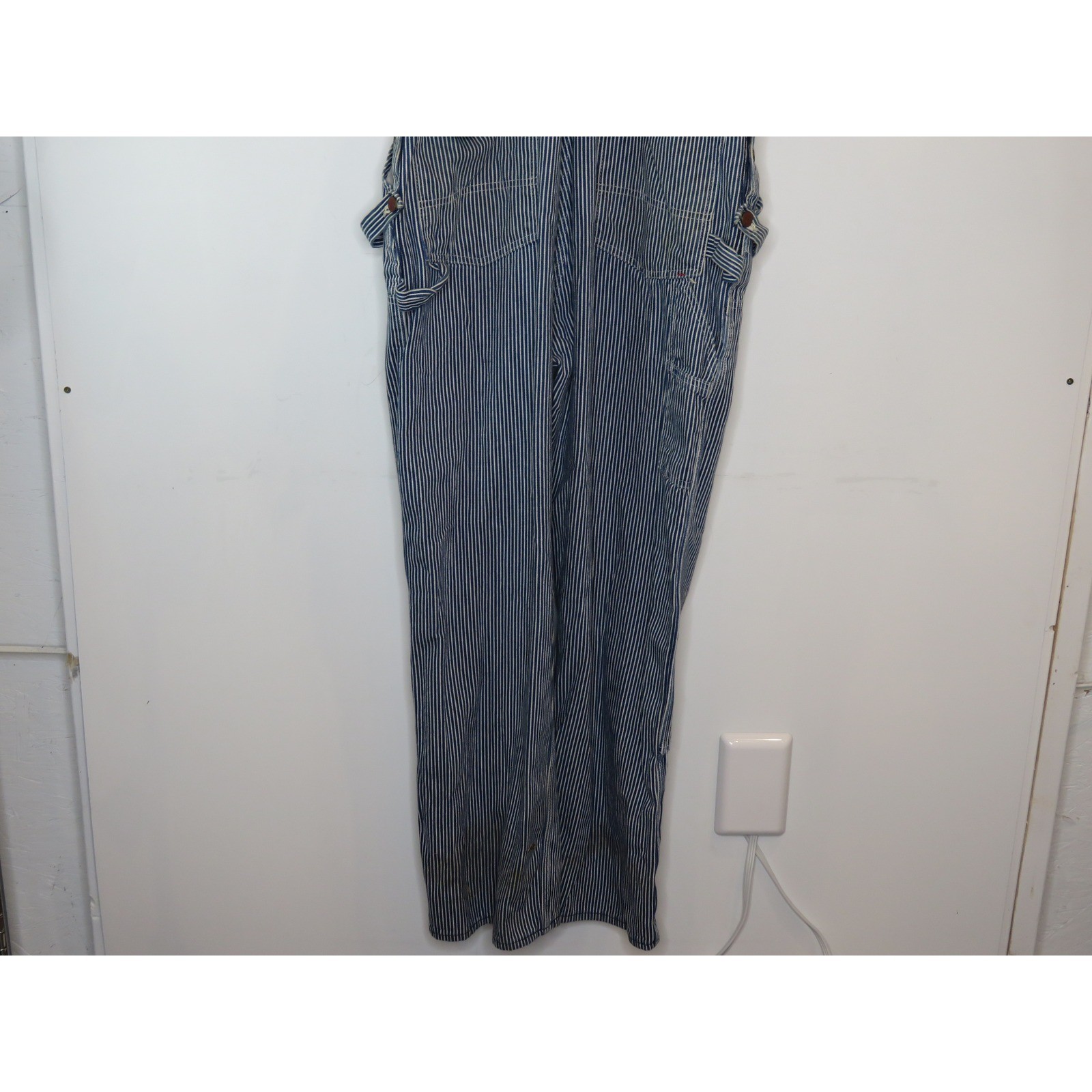 Vintage Round House Bib Overalls 38×32 Blue White Striped Straight Leg Outdoor