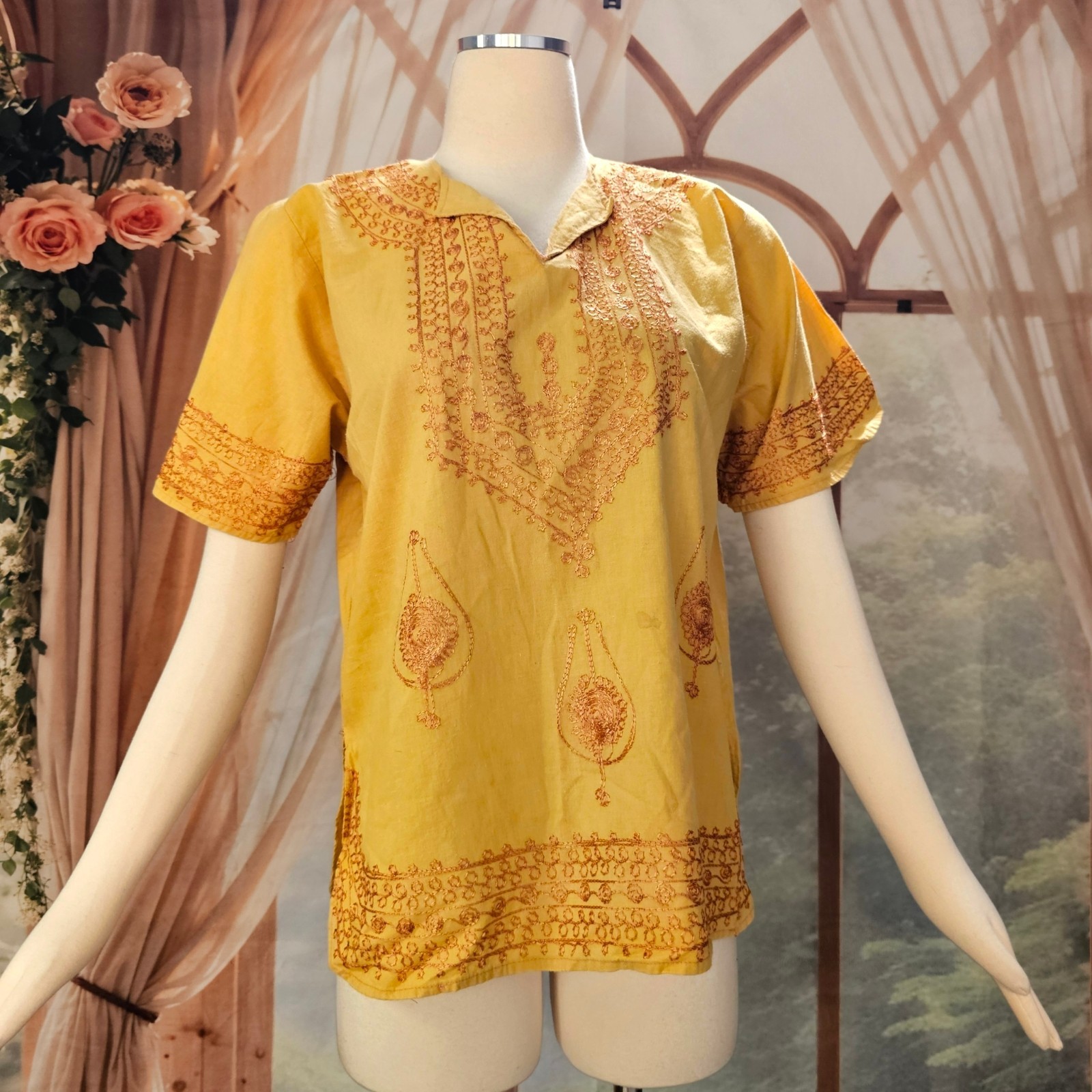 Vintage 1970s Blouse Top Shirt Mustard Yellow Embroidered India Short Sleeve