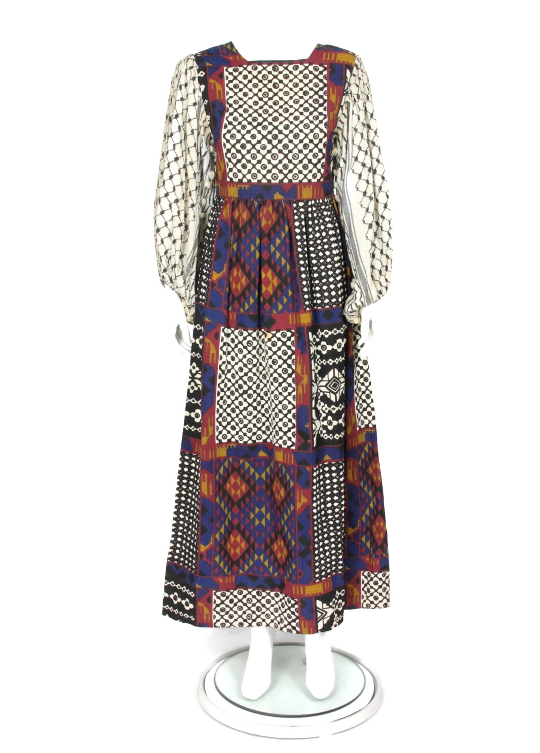 Vintage 1970s Rikma Patchwork Pom Pom Dress Hippie Boho Balloon Sleeve Maxi /873