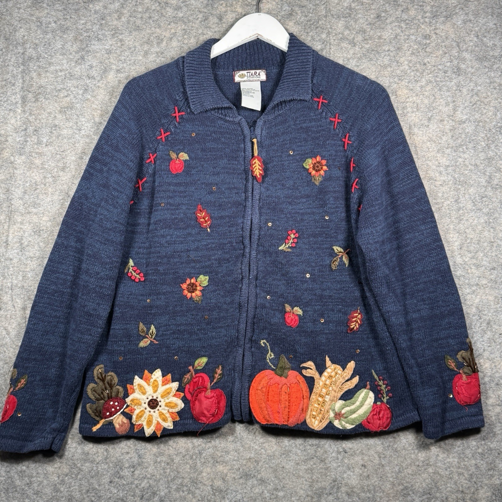 Vintage 90s Womens Tiara International Fall Autumn Harvest Zip Up Cardigan Sz L